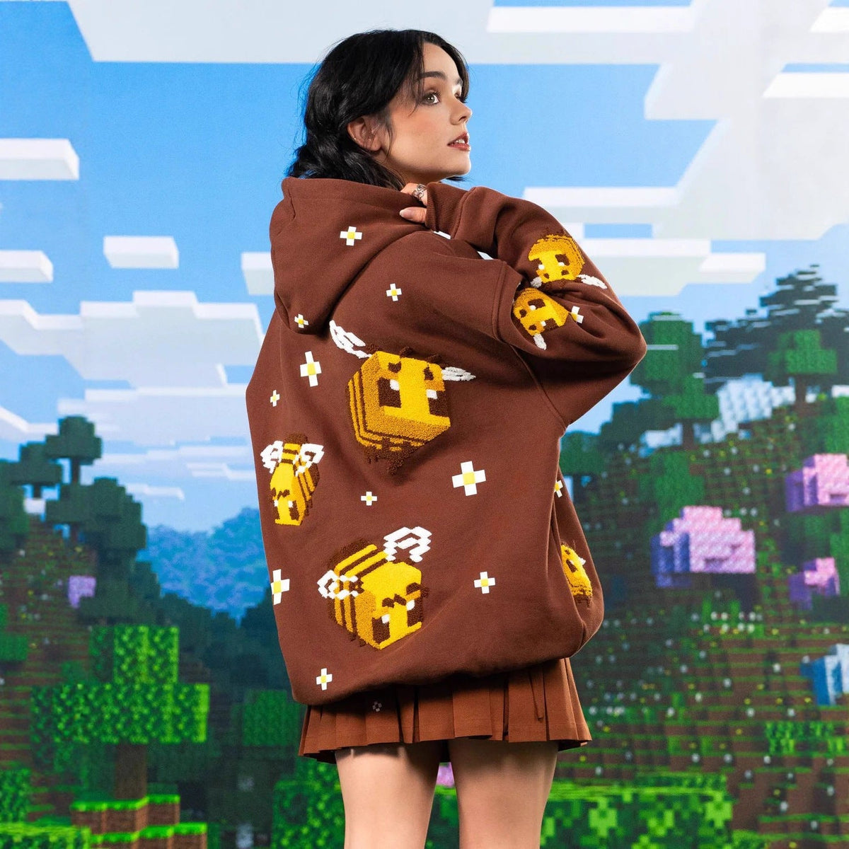 Unisex Hooded Sweatshirt with Knitted Pixel Bee Motif and Kangaroo Pocket