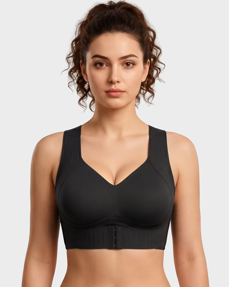 Posture support wireless sports bra with X-back alignment