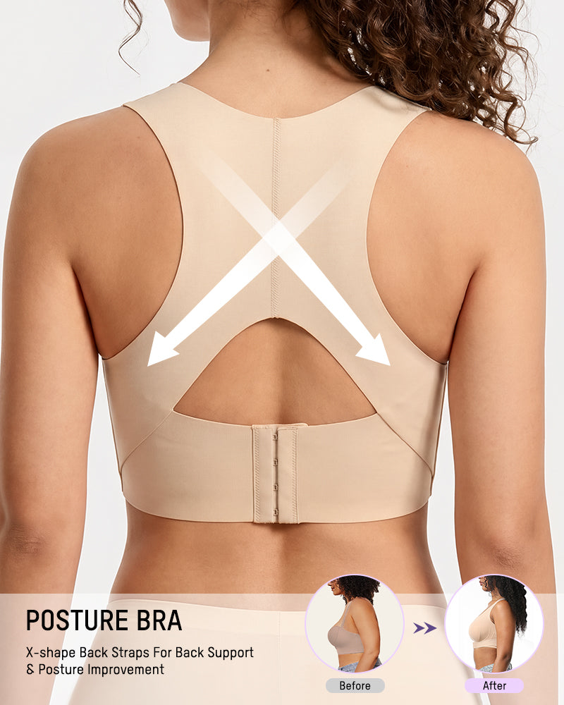 Posture support wireless sports bra with X-back alignment