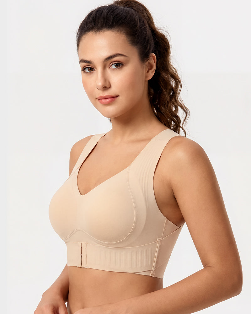Posture support wireless sports bra with X-back alignment