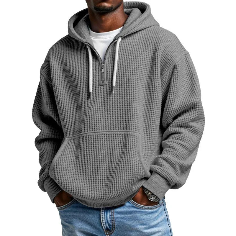 Waffle Texture Hoodie with Half Zip
