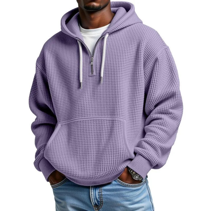 Waffle Texture Hoodie with Half Zip