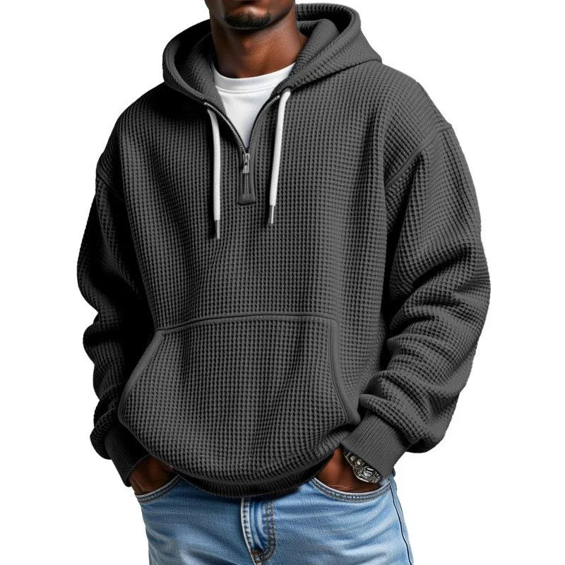 Waffle Texture Hoodie with Half Zip