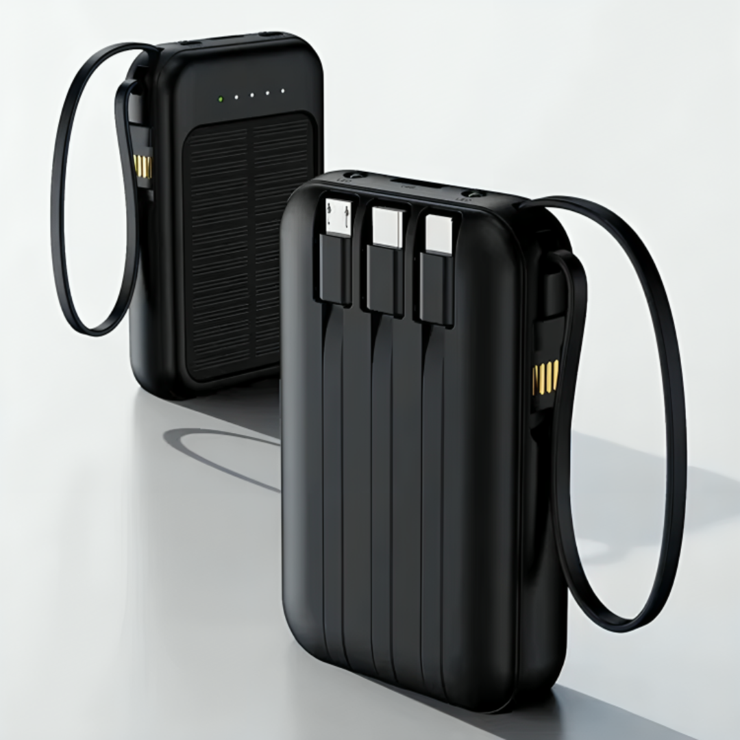 Solar power bank 10000mAh with LED flashlight and built-in cables
