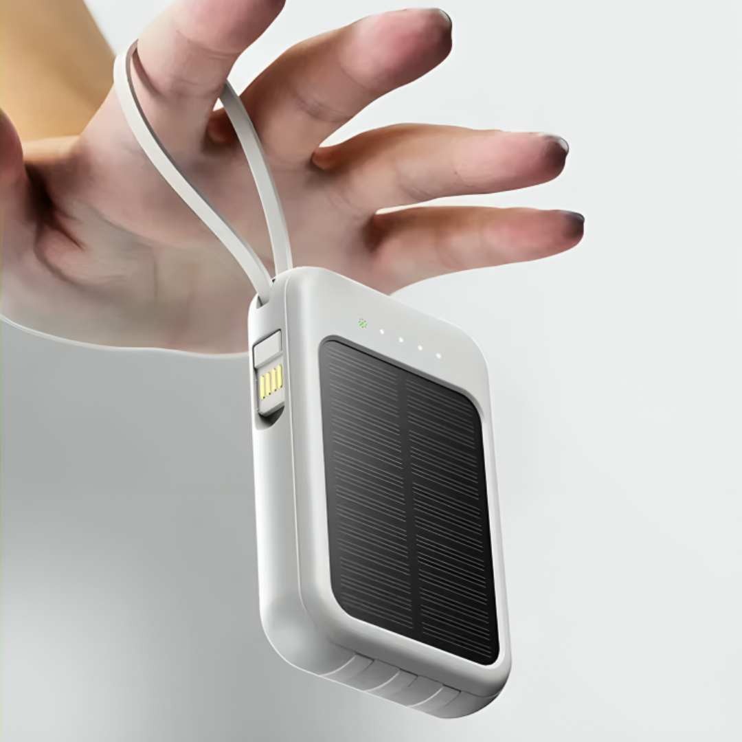 Solar power bank 10000mAh with LED flashlight and built-in cables