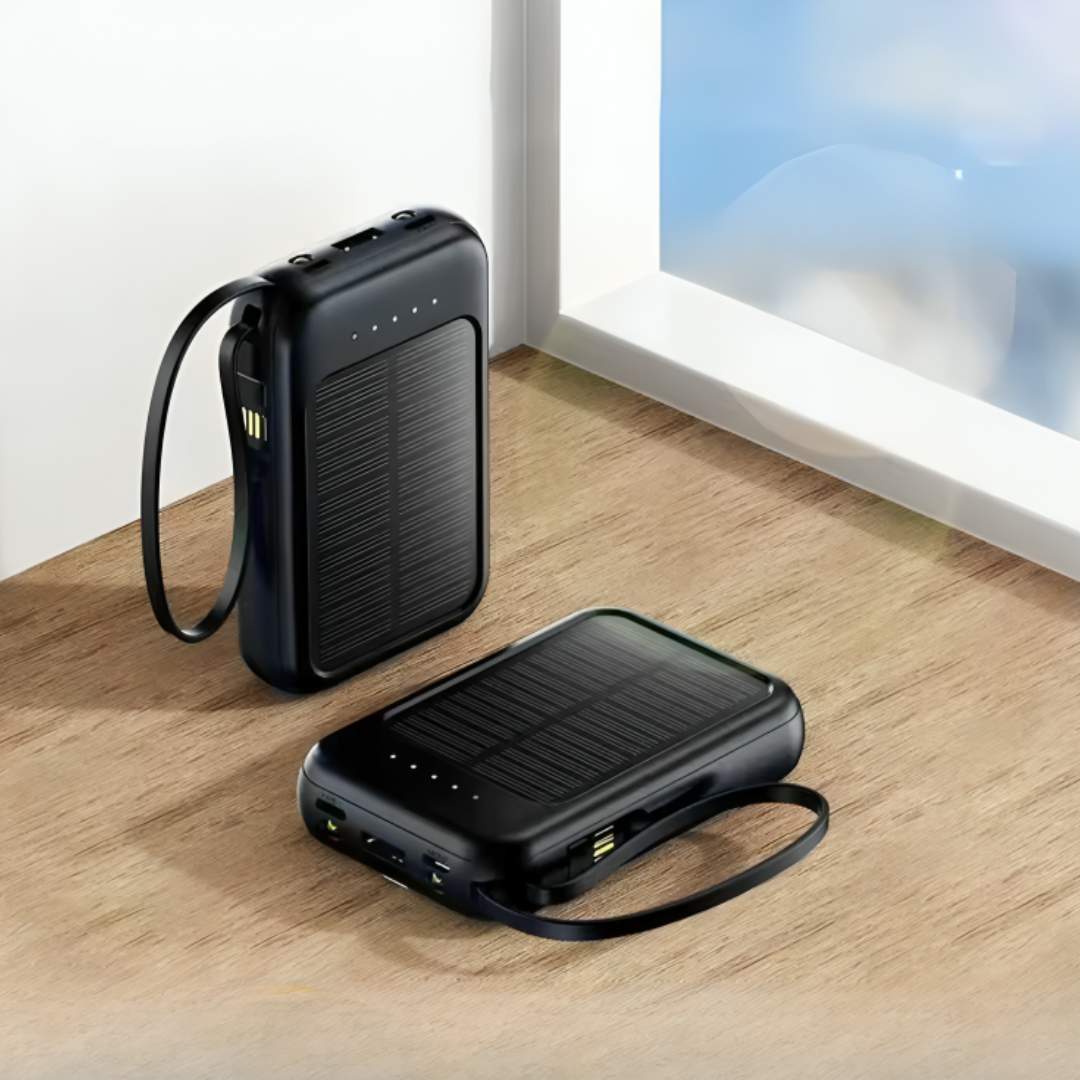 Solar power bank 10000mAh with LED flashlight and built-in cables