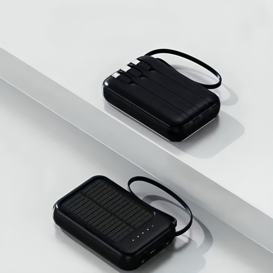 Solar power bank 10000mAh with LED flashlight and built-in cables