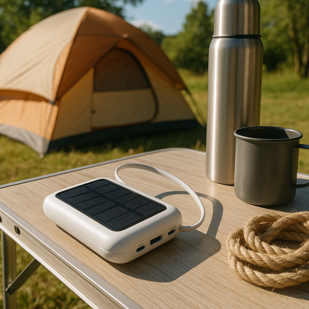 Solar power bank 10000mAh with LED flashlight and built-in cables