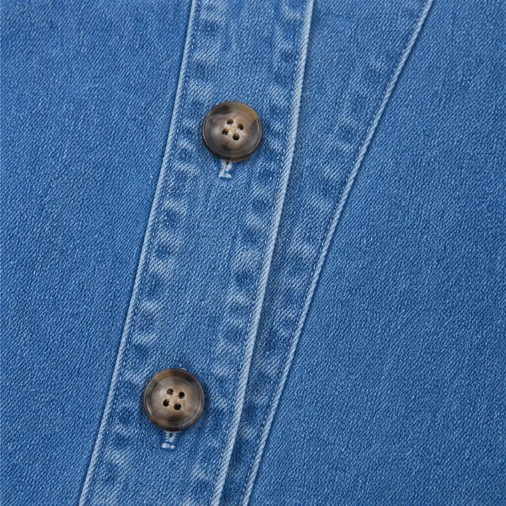 Collarless Soft Denim-Look Button-Down Cardigan