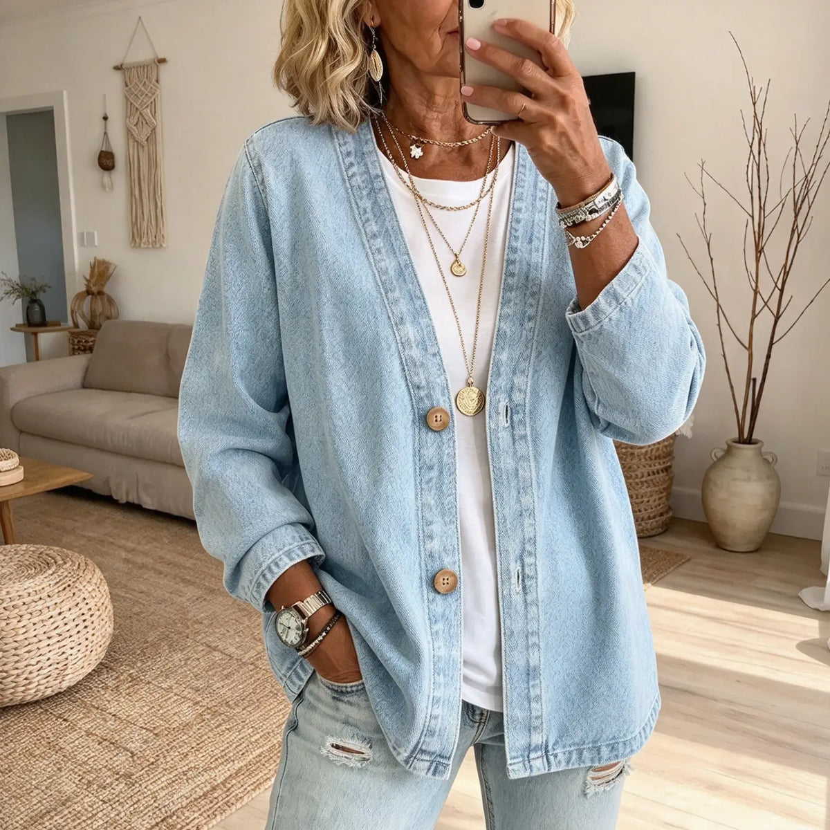 Collarless Soft Denim-Look Button-Down Cardigan