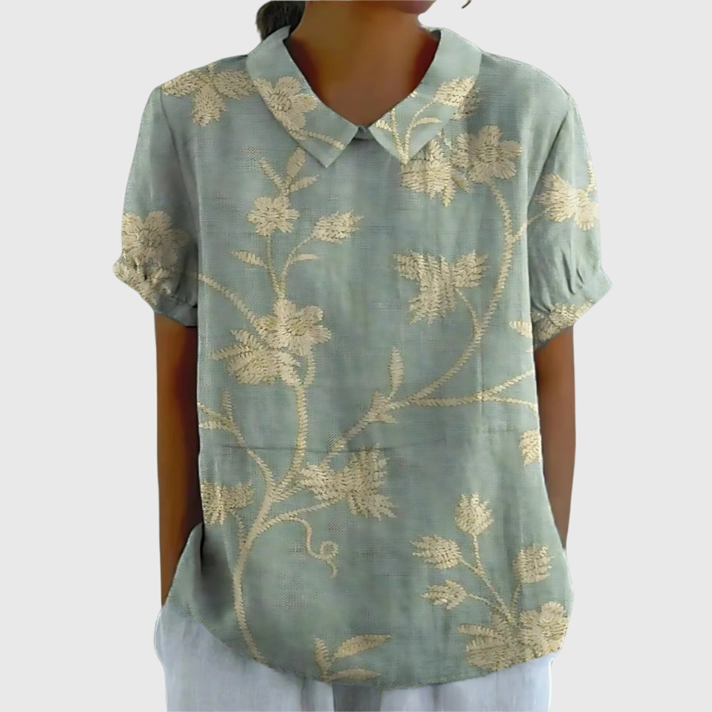 Celrien | Women's Linen Floral Print Short Sleeve Collared Blouse
