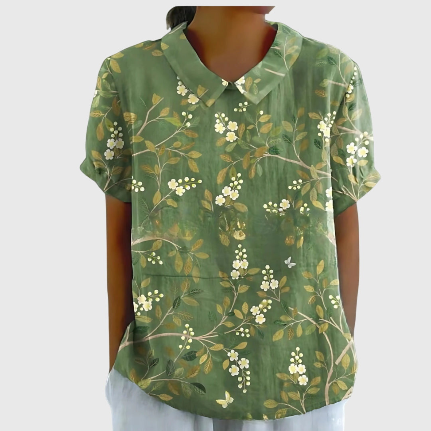 Celrien | Women's Linen Floral Print Short Sleeve Collared Blouse