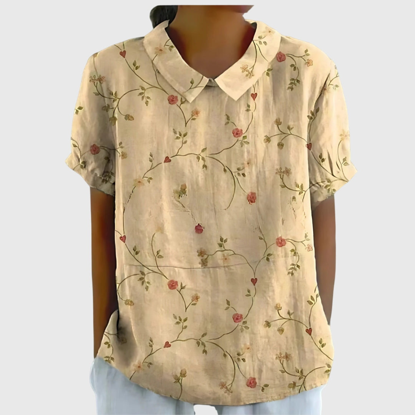 Celrien | Women's Linen Floral Print Short Sleeve Collared Blouse