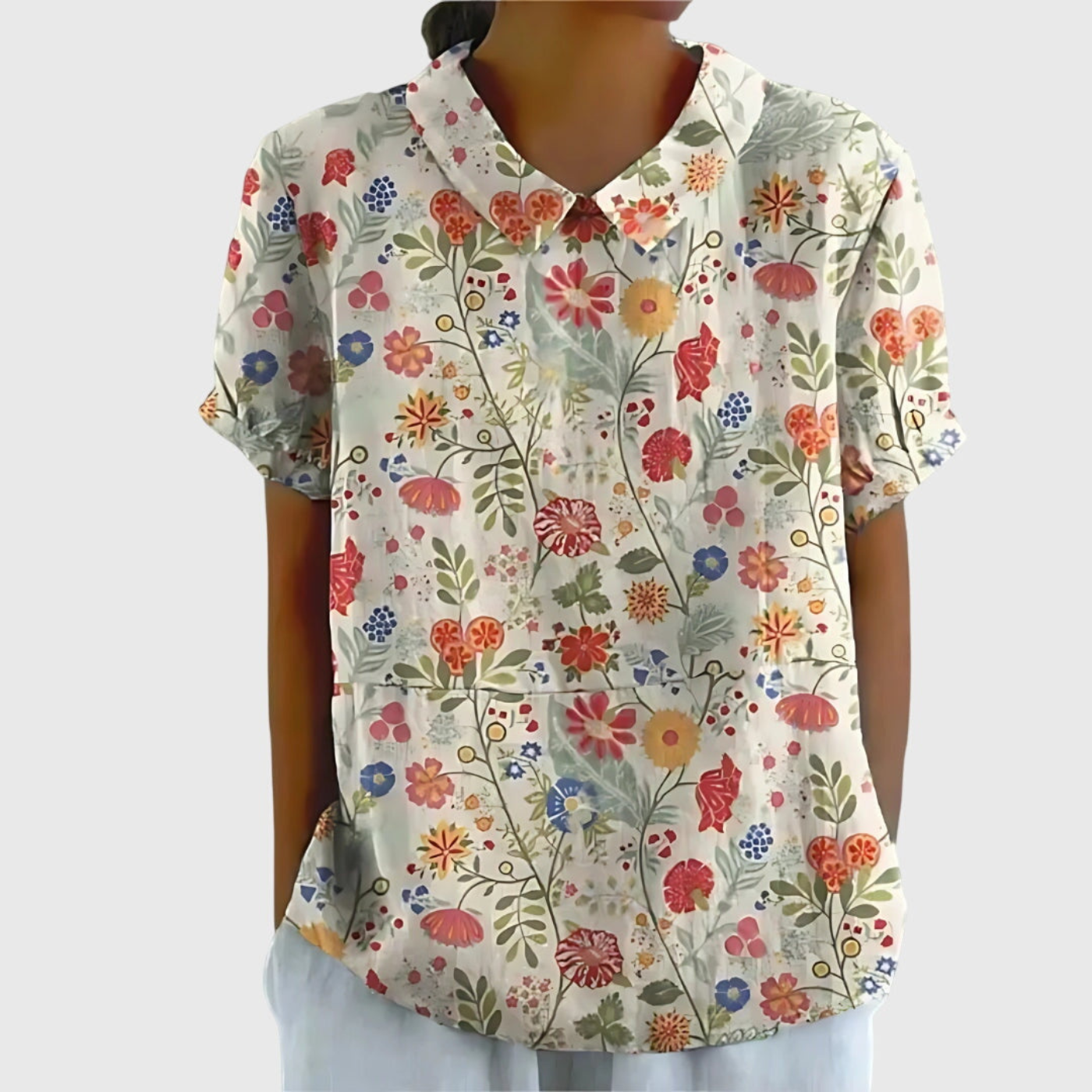 Celrien | Women's Linen Floral Print Short Sleeve Collared Blouse