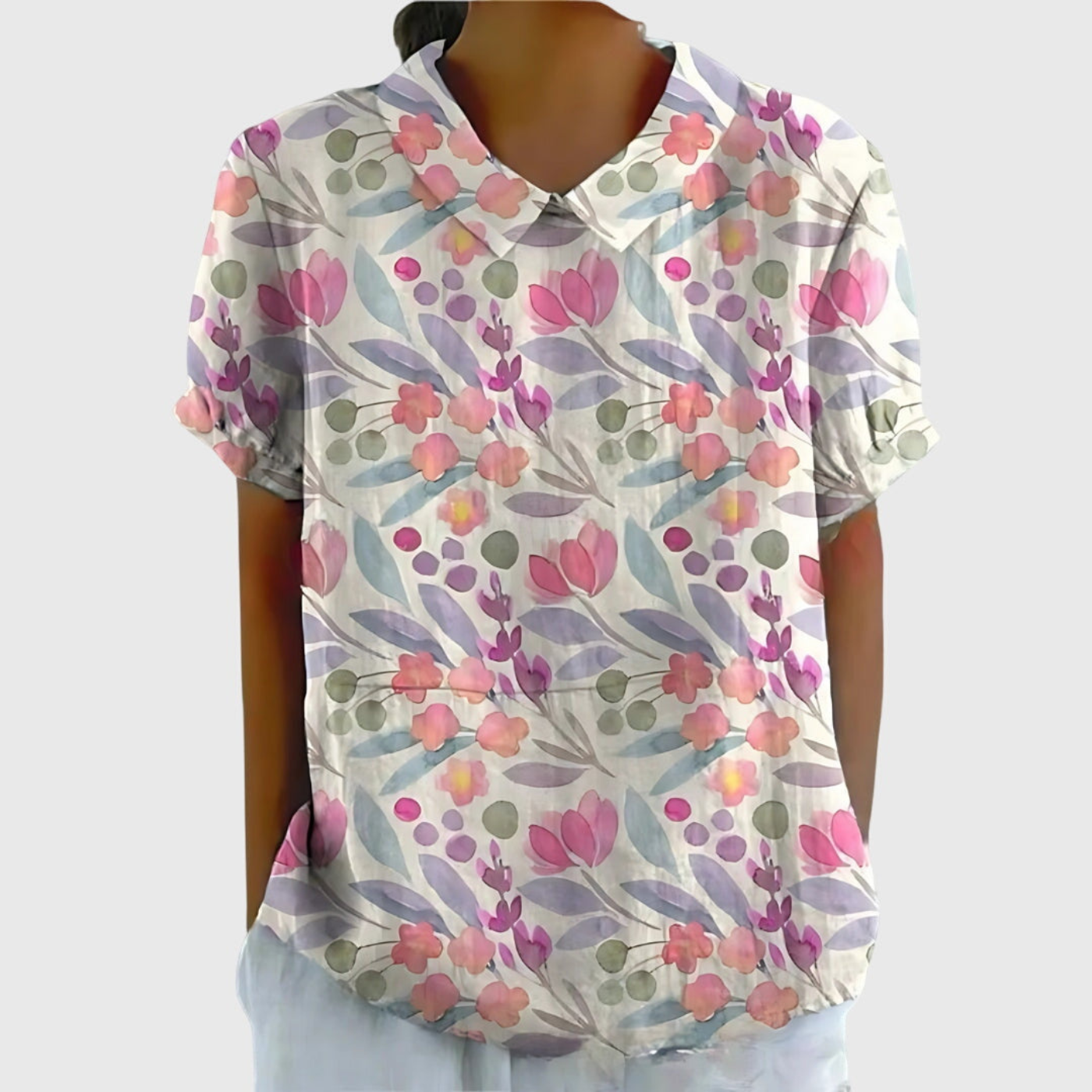 Celrien | Women's Linen Floral Print Short Sleeve Collared Blouse