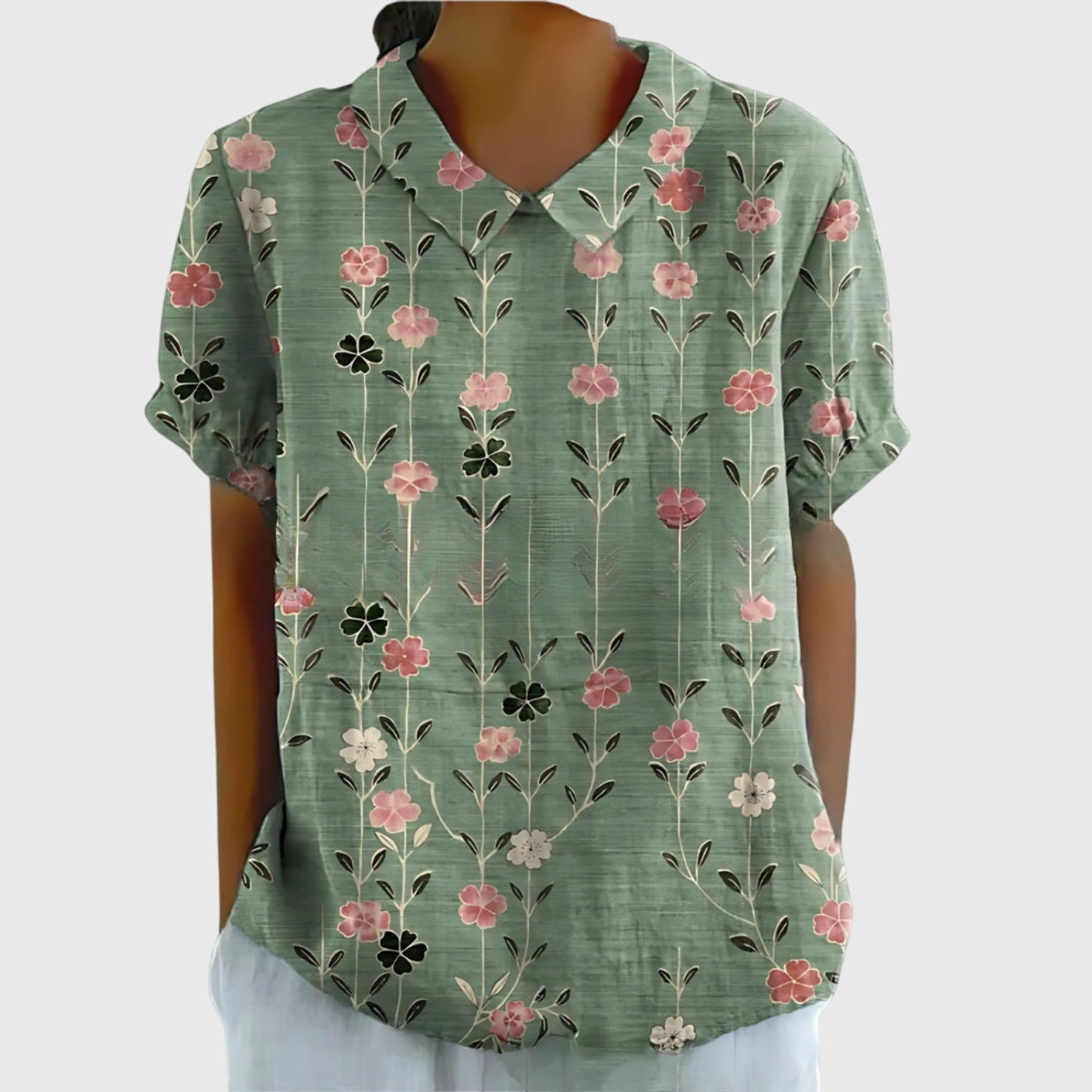 Celrien | Women's Linen Floral Print Short Sleeve Collared Blouse