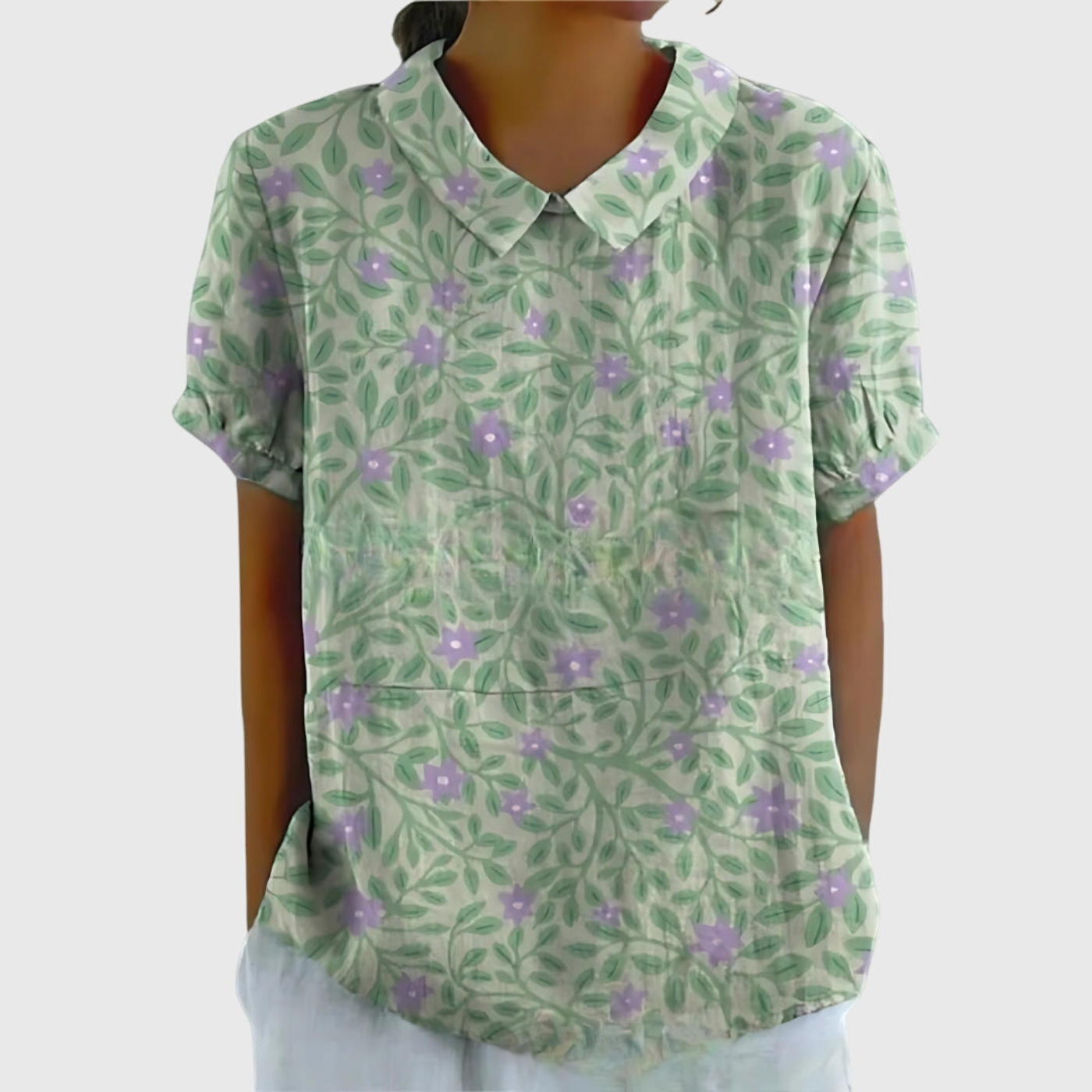 Celrien | Women's Linen Floral Print Short Sleeve Collared Blouse