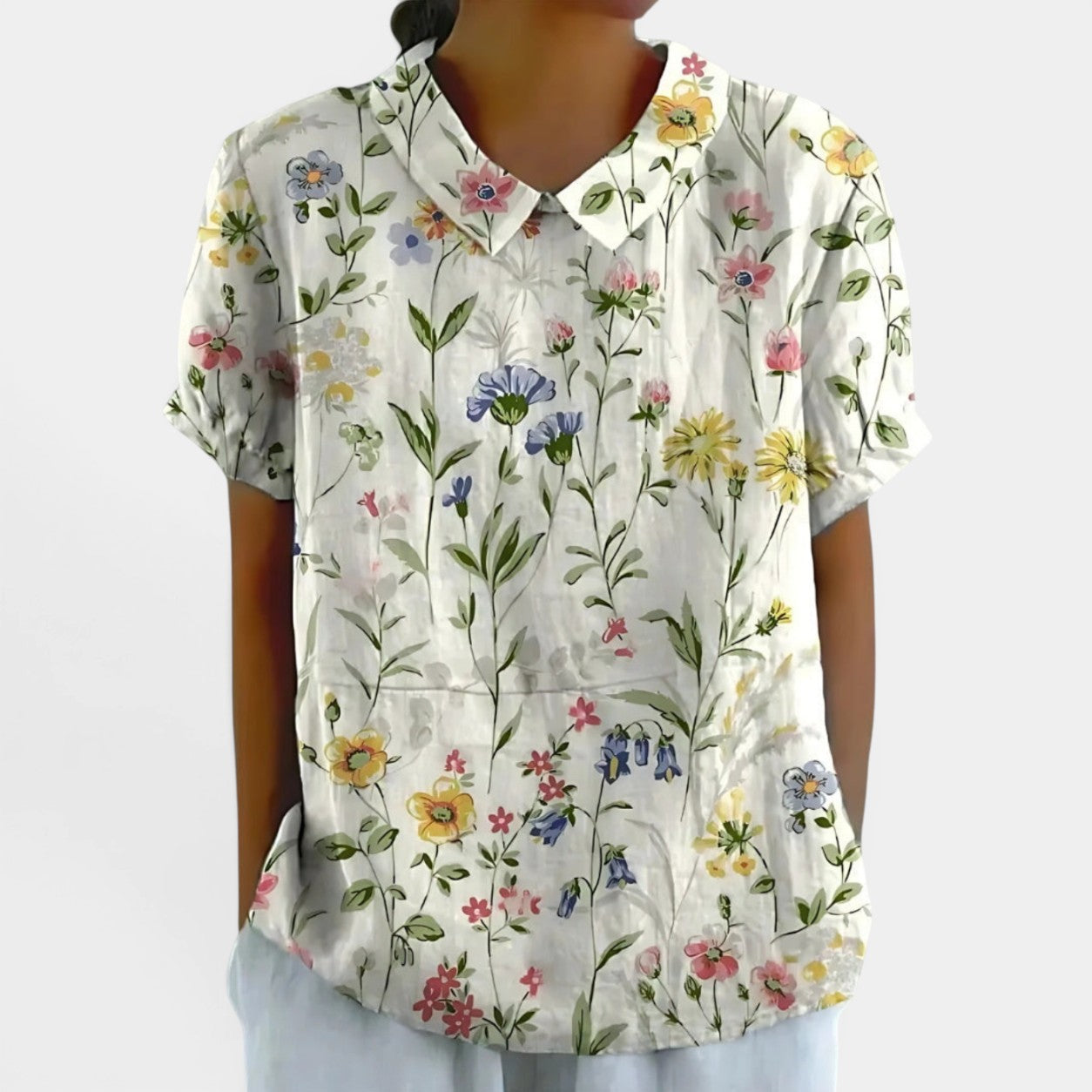 Celrien | Women's Linen Floral Print Short Sleeve Collared Blouse