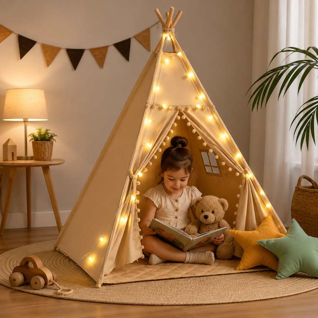 Kids Teepee Tent with Padded Mat and Pom Pom Decor