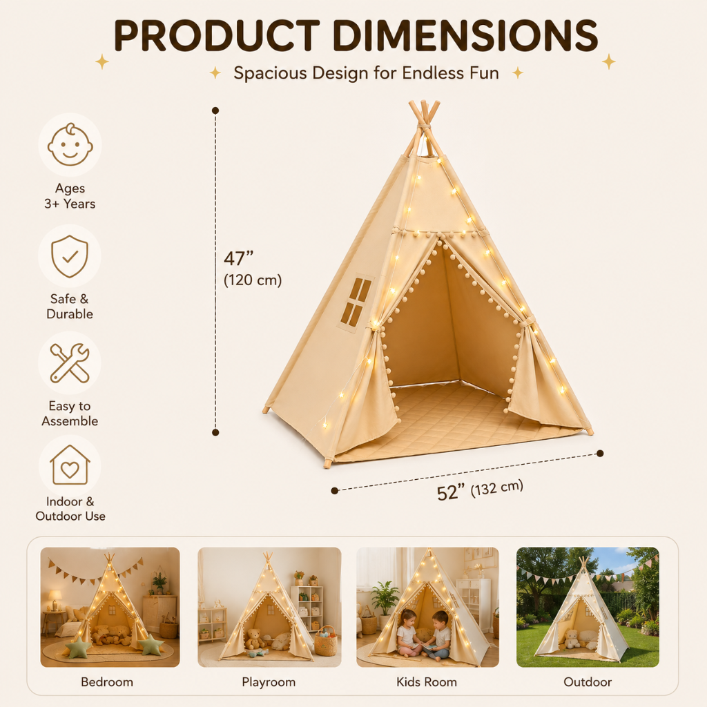 Kids Teepee Tent with Padded Mat and Pom Pom Decor
