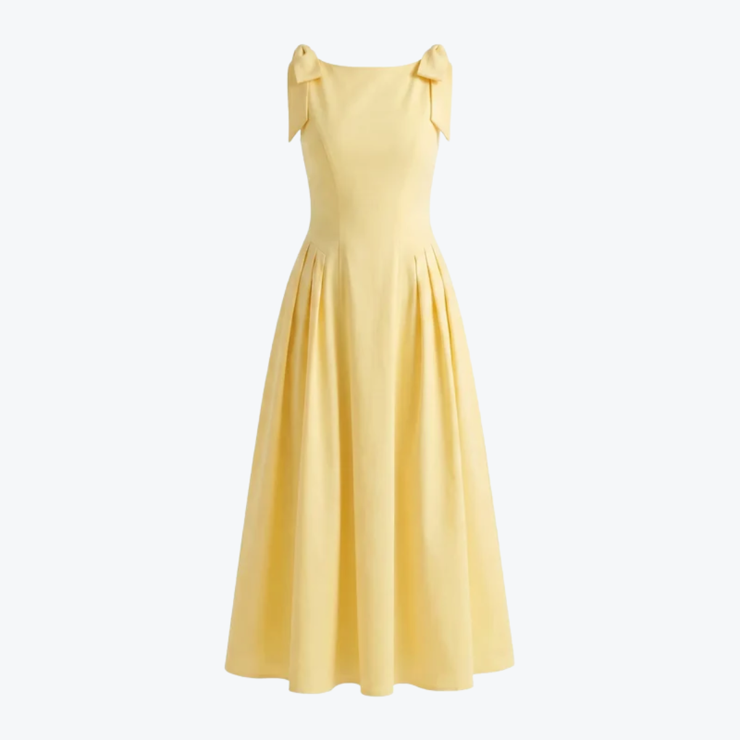 Celrien | Women’s Elegant Yellow Midi Dress Bow Strap Slim Fit