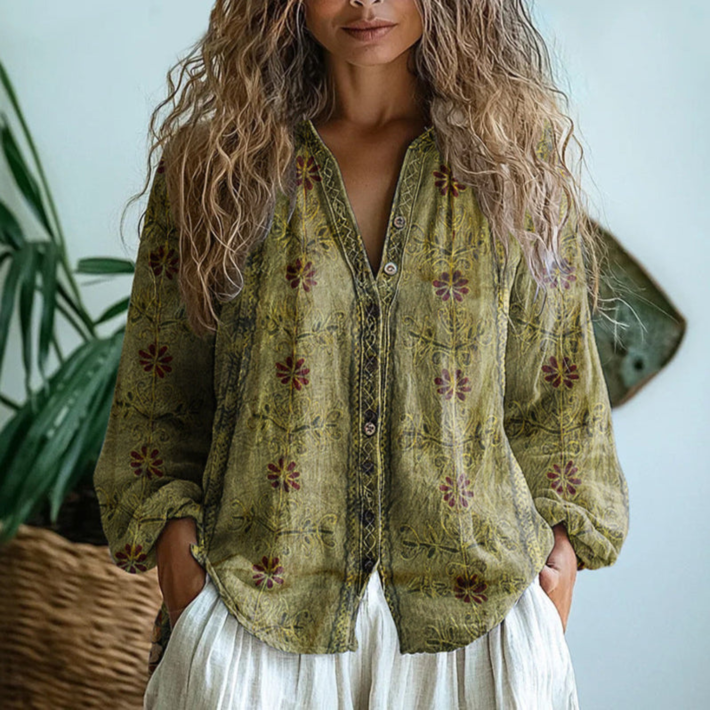 Celrien | Women's Linen Long Sleeve Button-Down Blouse