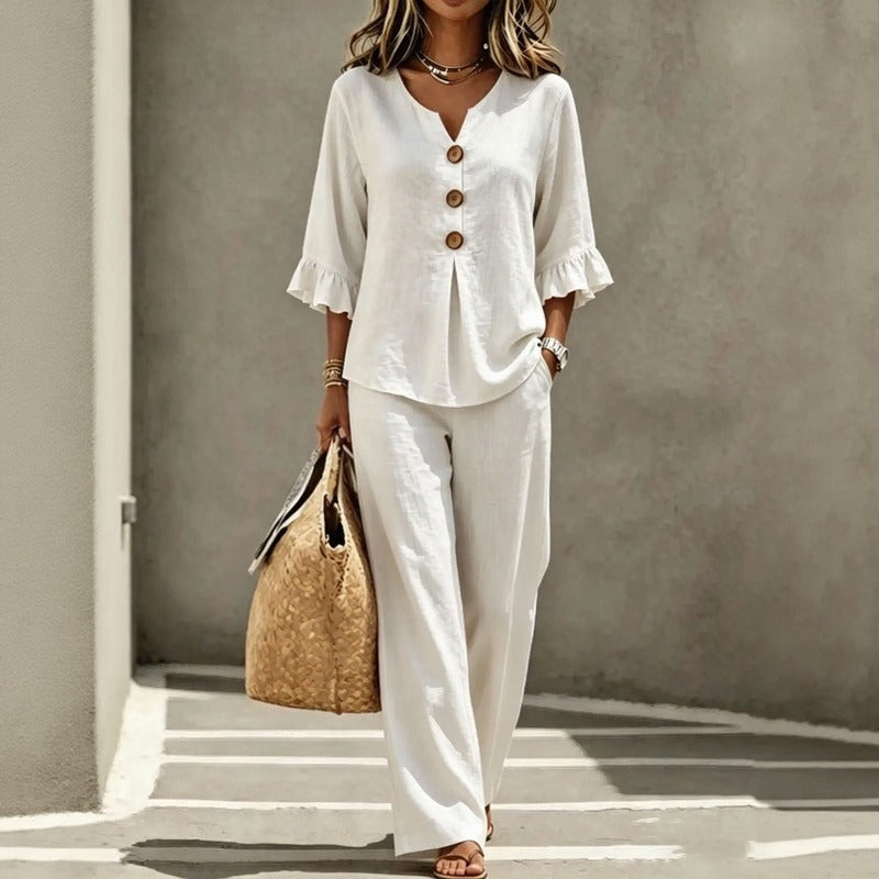 Cotton Linen Set with Button-Up Shirt, Ruffled Sleeves and Wide-Leg Trousers / Sophisticated Lightness for Hot Days