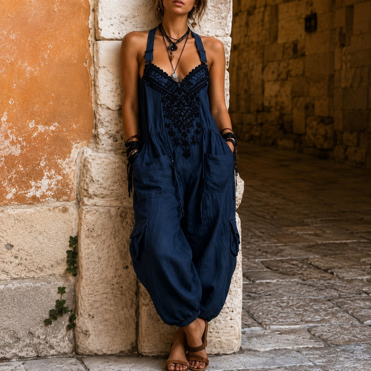Jumpsuit with Ornamental Embroidery, V-Neck and Adjustable Straps