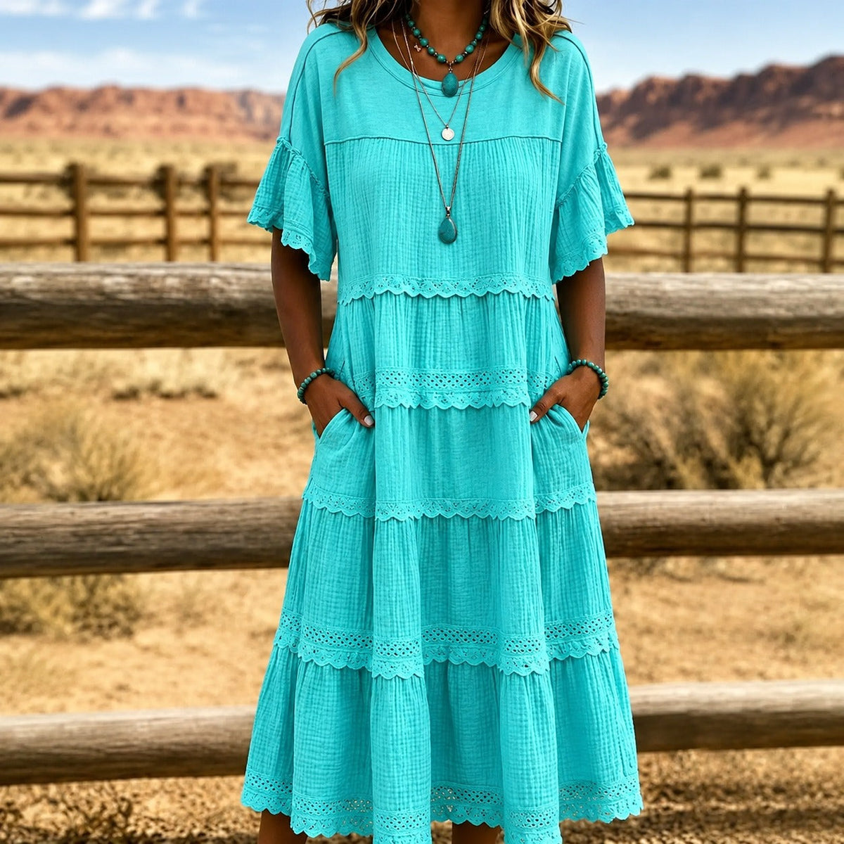 Layered Dress with Lace and Side Pockets