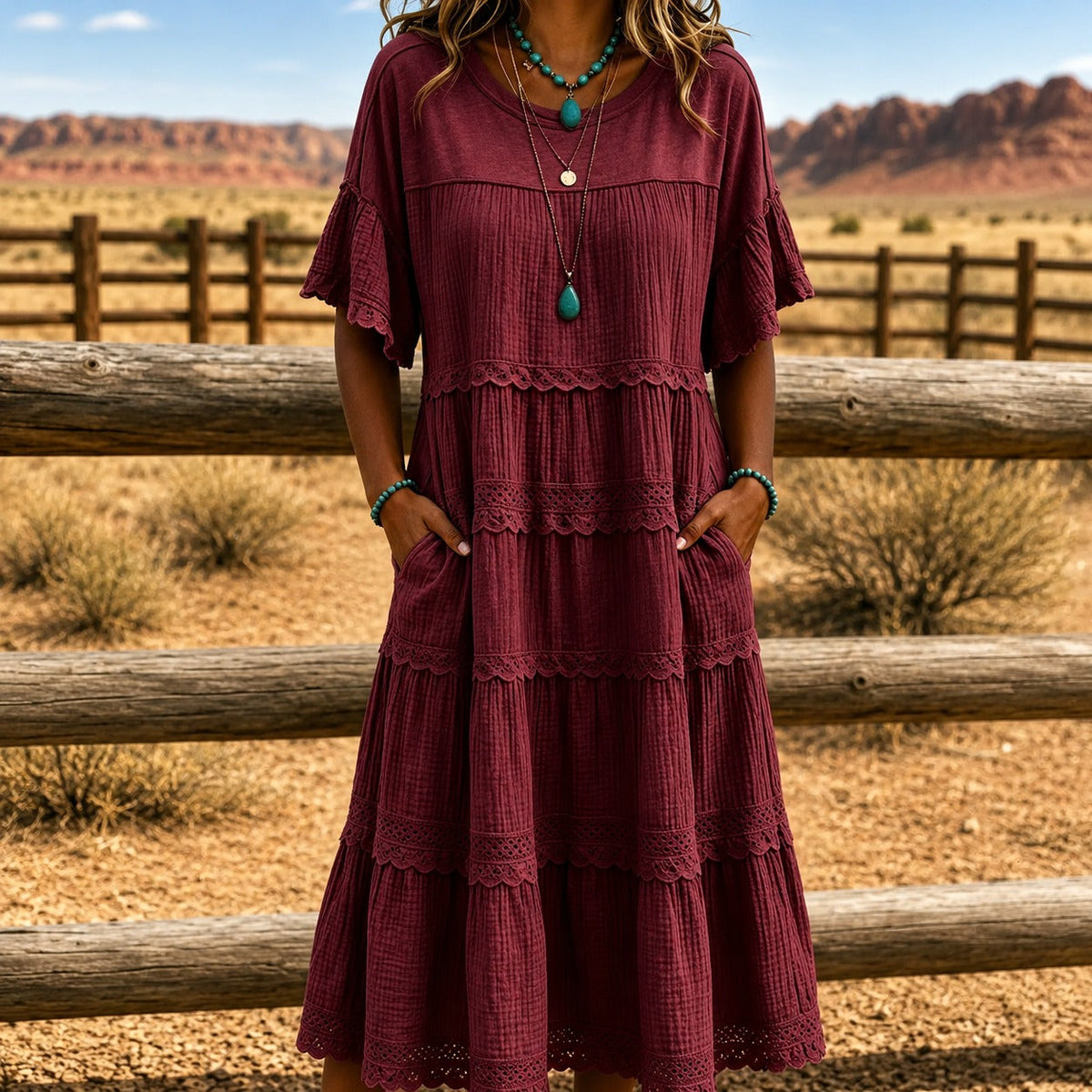 Layered Dress with Lace and Side Pockets