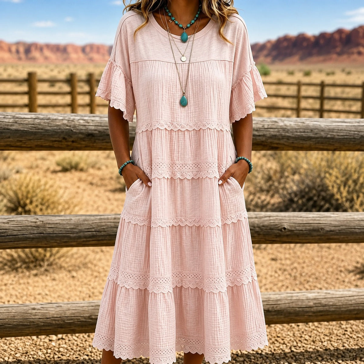 Layered Dress with Lace and Side Pockets