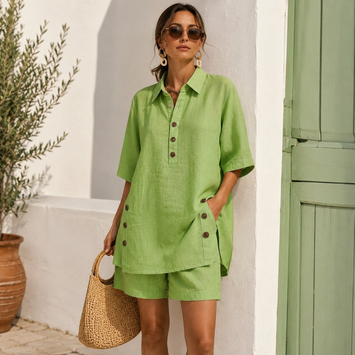 Velena Cotton Linen Set with Shirt Collar and Side Button Detail