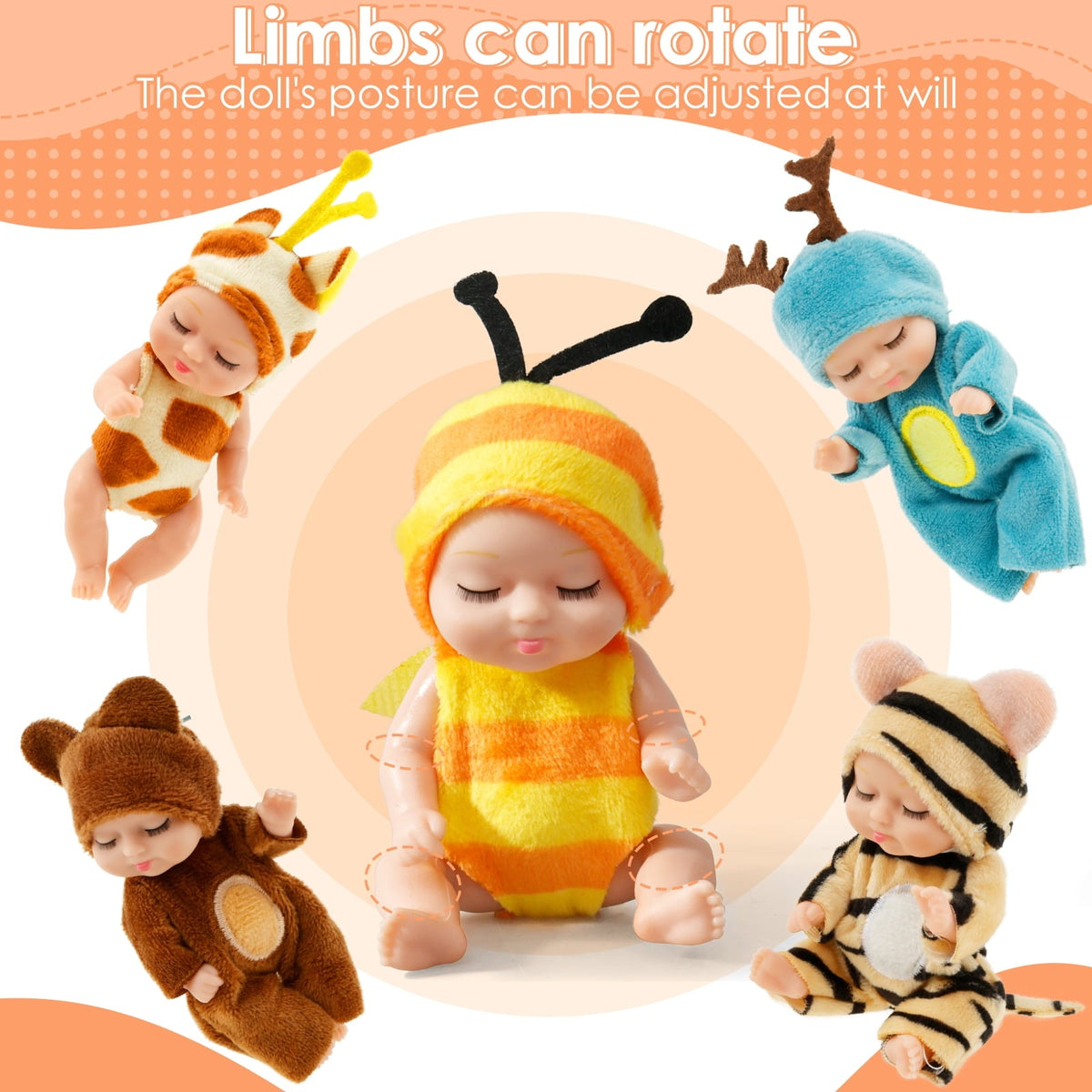 6-Piece Mini Reborn Baby Doll Set with Animal Outfits