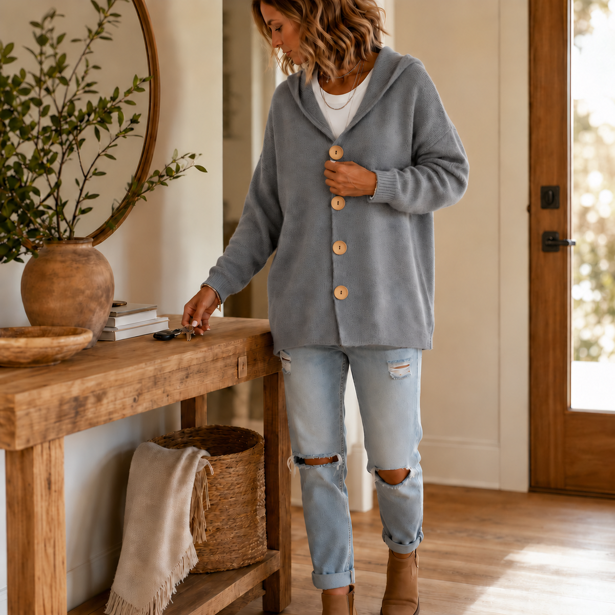 Hooded Waffle-Knit Button-Front Cardigan
