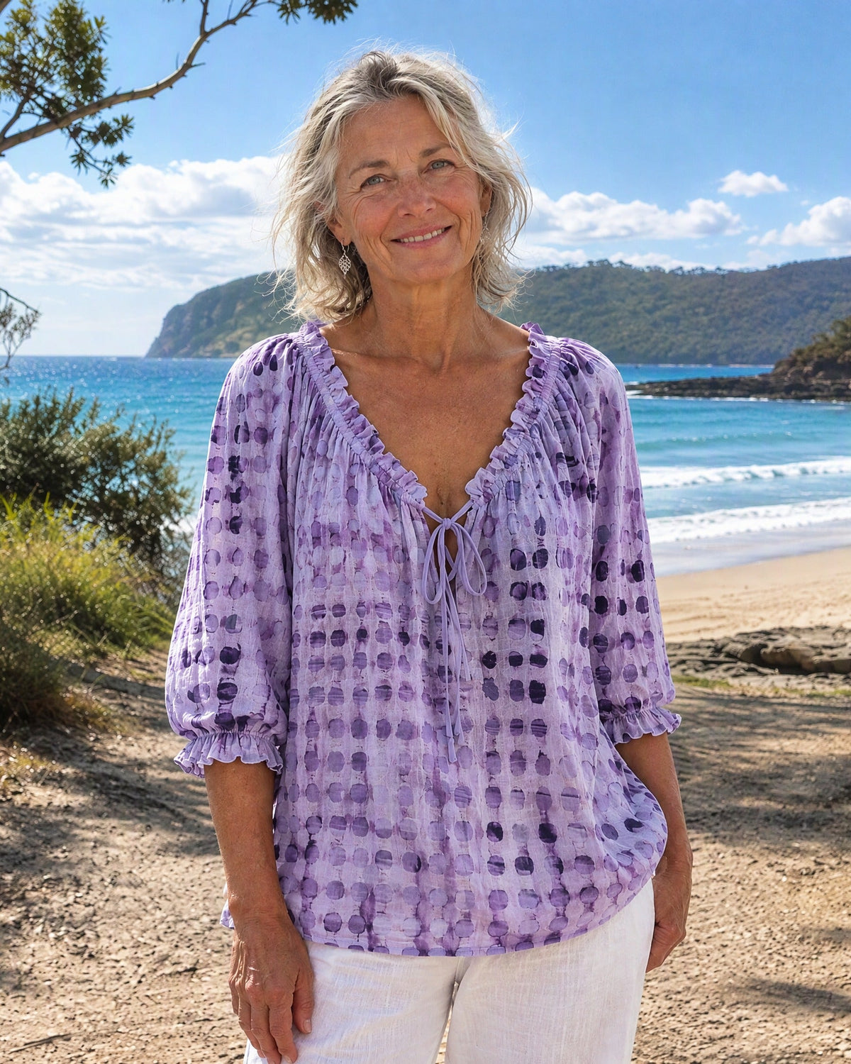 Boho Print Tie-Neck Blouse