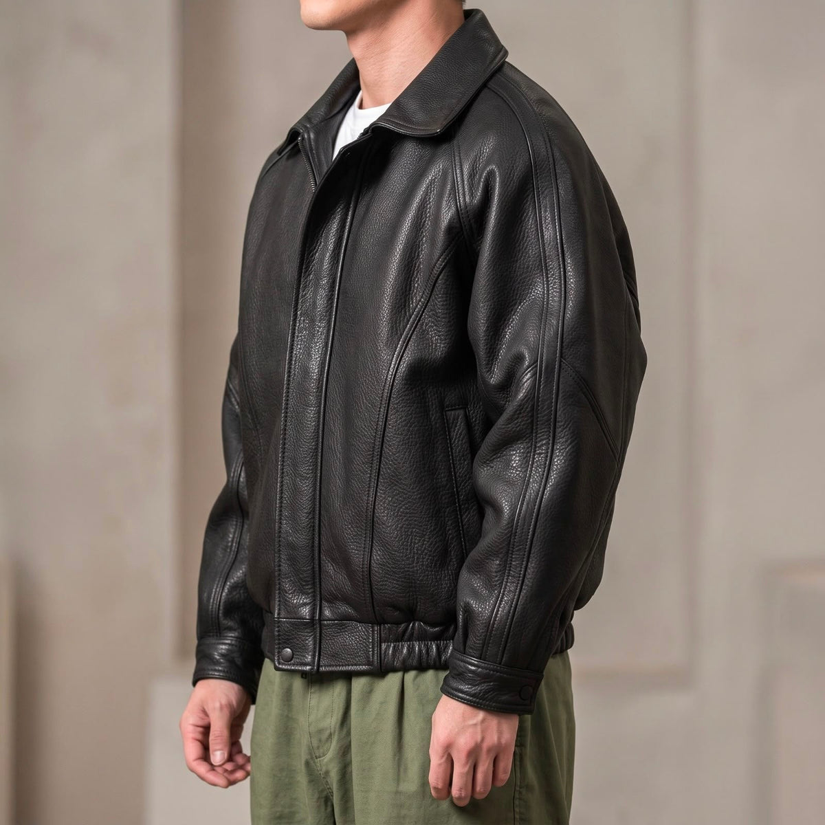 Men's Leather Zip Jacket – Structured Collared Layer for Spring and Autumn