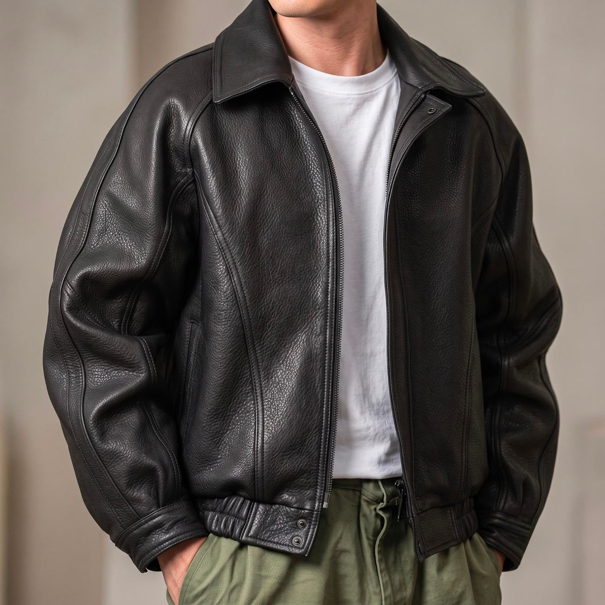 Men's Leather Zip Jacket – Structured Collared Layer for Spring and Autumn