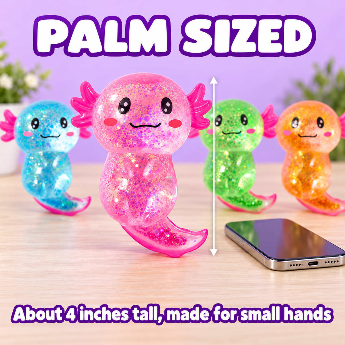 Axolotl Squishy 4-Pack, Slow Rise Glitter Stress Toys