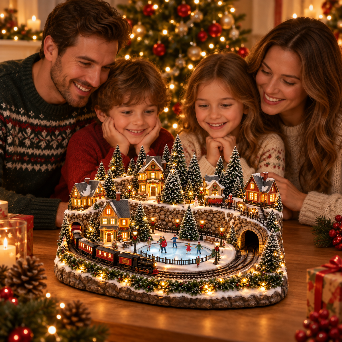 Animated Christmas train village scene with ice skating rink and glowing cottages