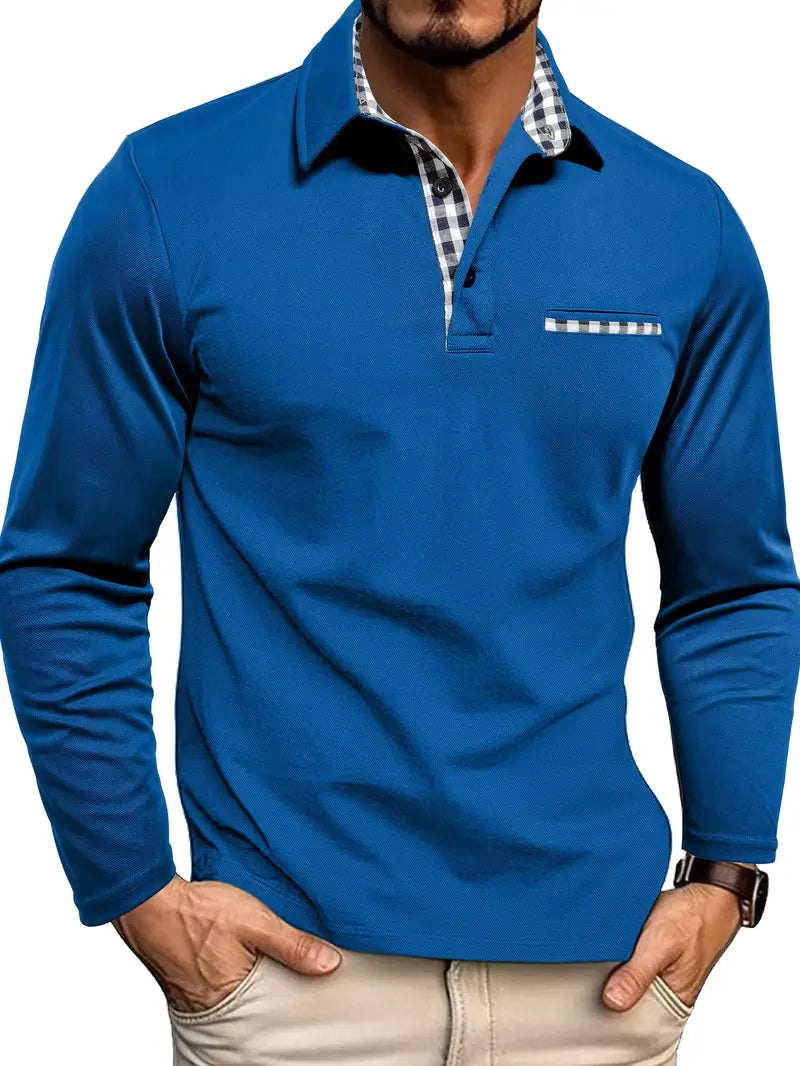 Long Sleeve Polo Shirt with Checked Contrast Collar