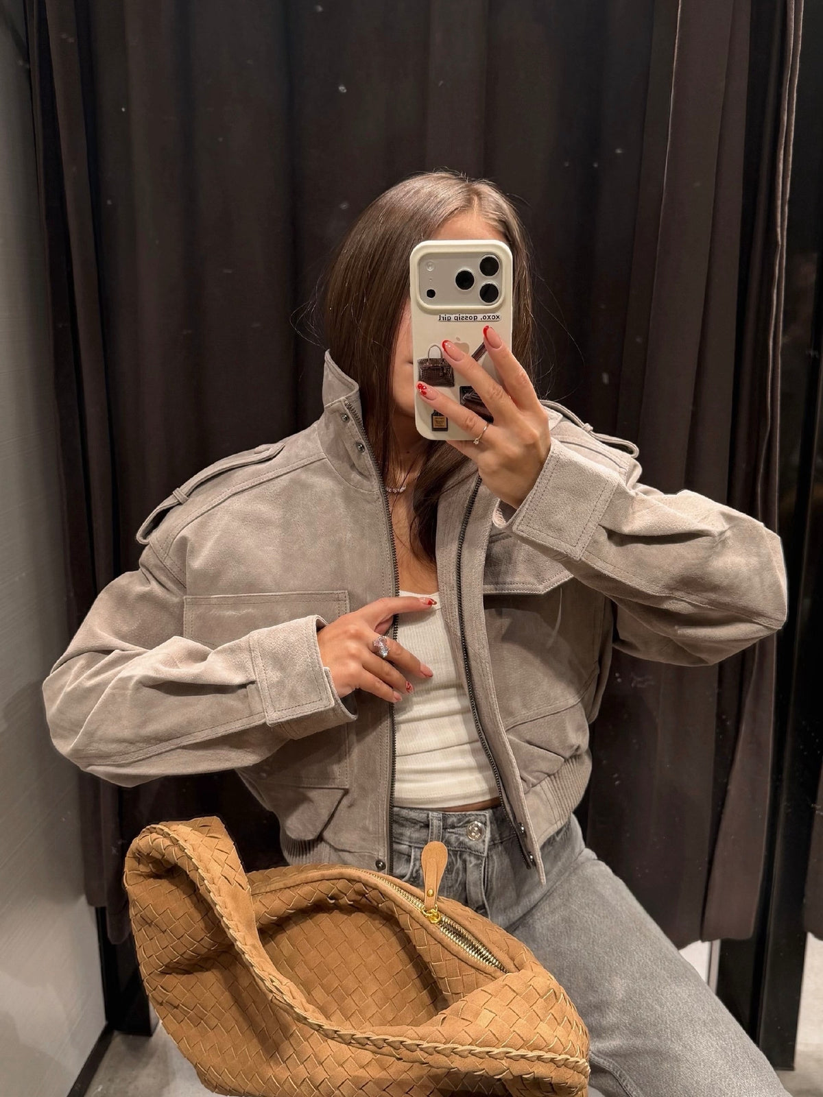 Suede Cropped Bomber Jacket in Gray