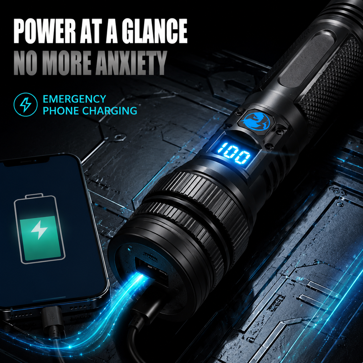 High-Power Rechargeable Zoom Flashlight – 2000LM, Power Bank & Digital Battery Display