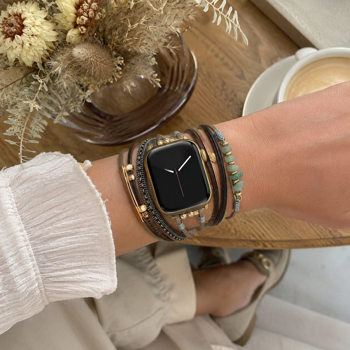 Women's Multi-Cord Watch Bracelet with Gold Details and Green Stones, Elegant Wrist Accessory