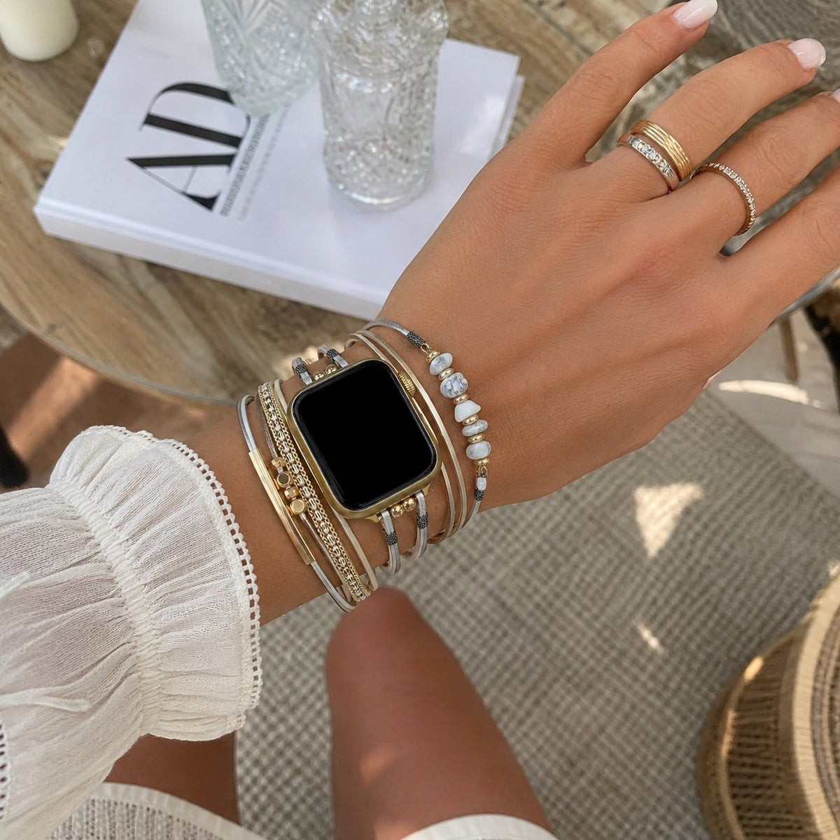 Women's Multi-Cord Watch Bracelet with Gold Details and Green Stones, Elegant Wrist Accessory