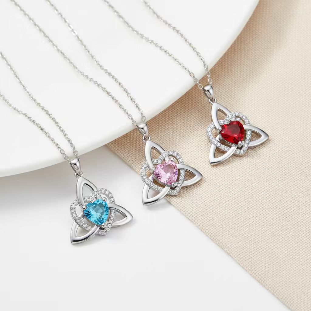 Birthstone Celtic Trinity Knot Heart Necklace Heart Shape Celtic Trinity Knot Birthstone Pendant