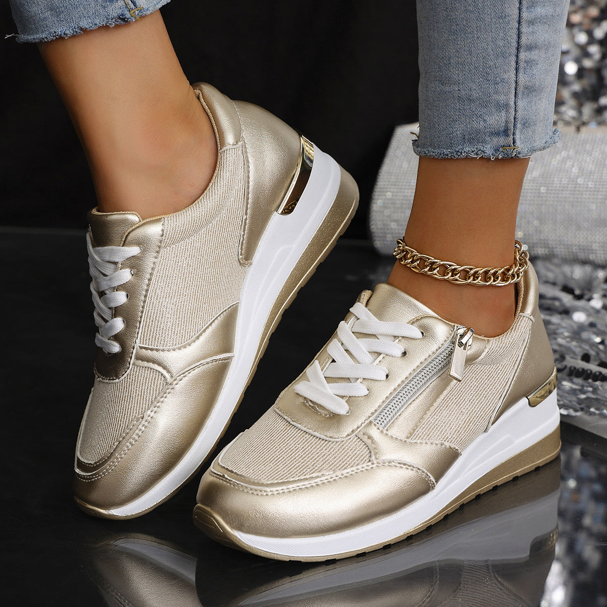 Women's Lace-Up Sneakers with Side Zip – Thick Sole, Comfort and Sporty Style