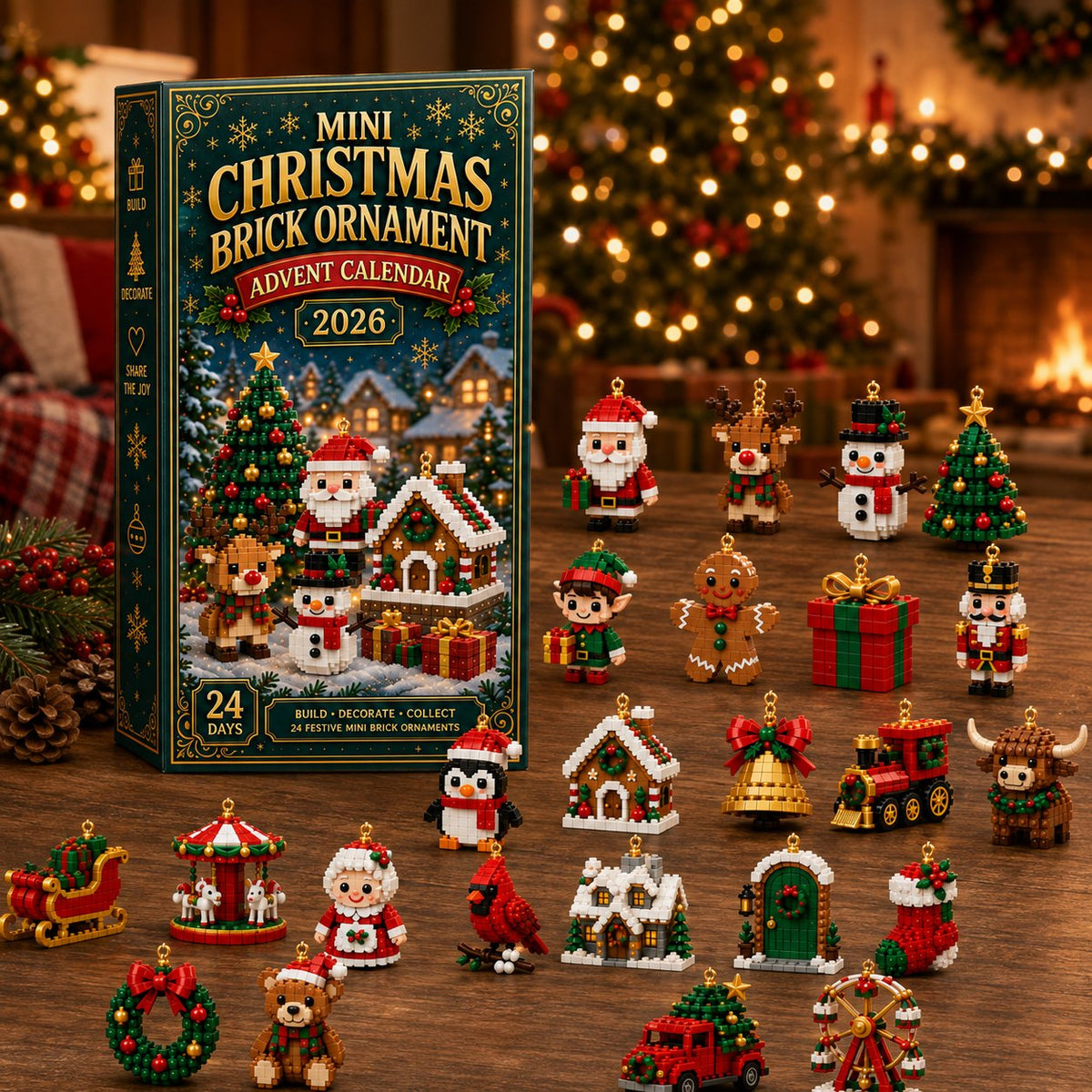 Christmas ornament advent calendar with 24 mini building sets for tree decorations