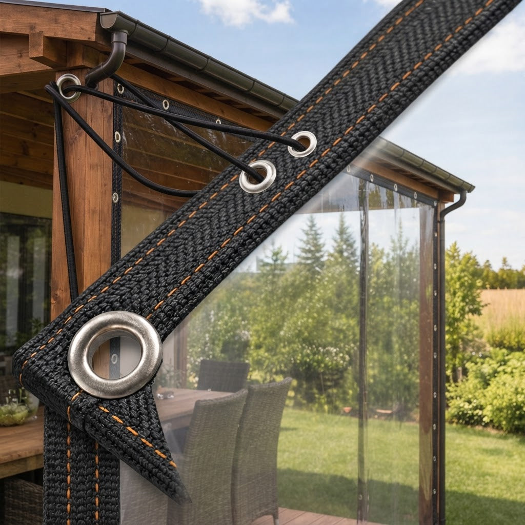 Clear weatherproof PVC tarpaulin with aluminum eyelets