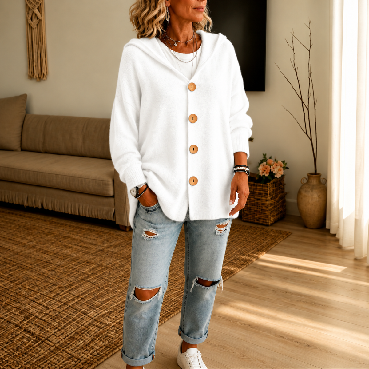 Hooded Waffle-Knit Button-Front Cardigan