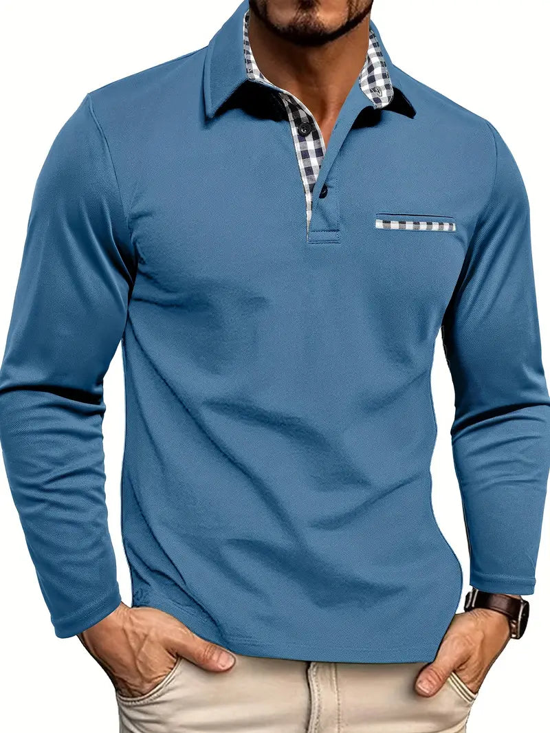 Long Sleeve Polo Shirt with Checked Contrast Collar